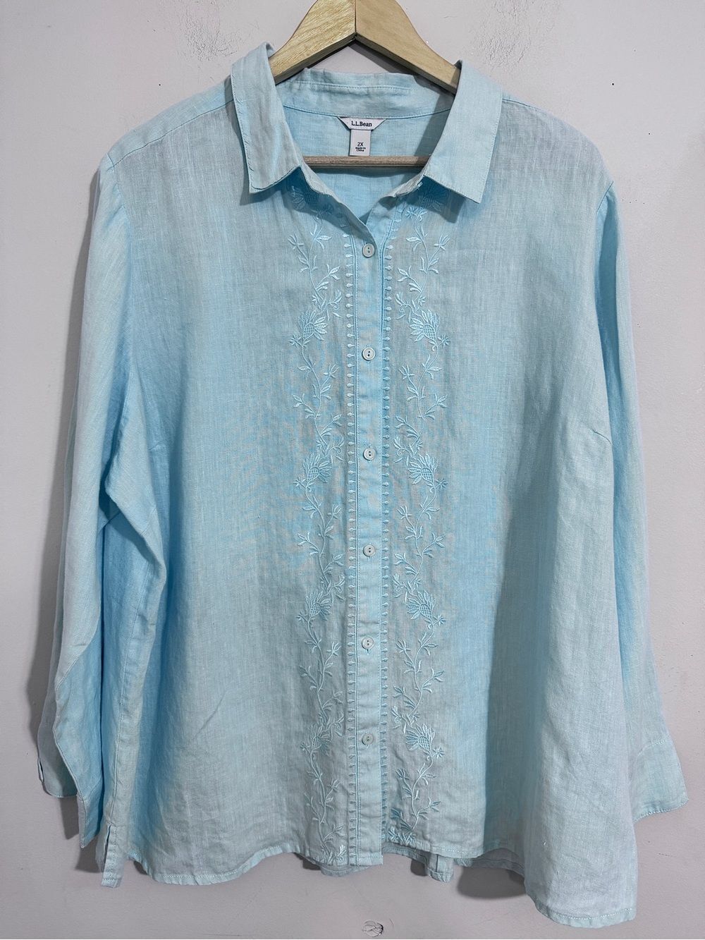 L.L. Bean Embroidered Linen Button-Up Shirt Blue Womens 2X Coastal Minimalist